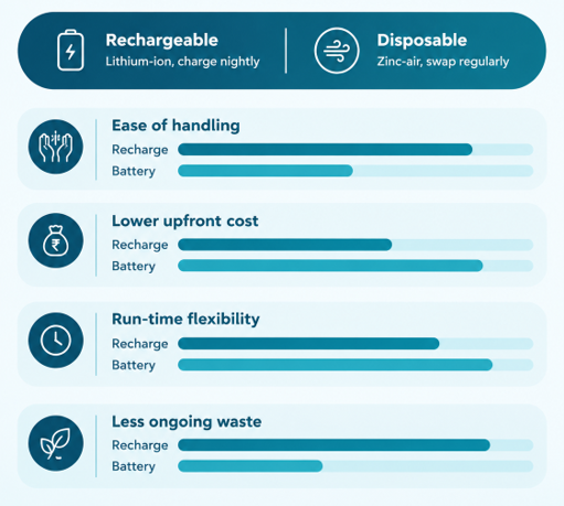 Picture2 Infographic of battery benefits: easier handling, lower upfront cost, run-time flexibility, and less waste.